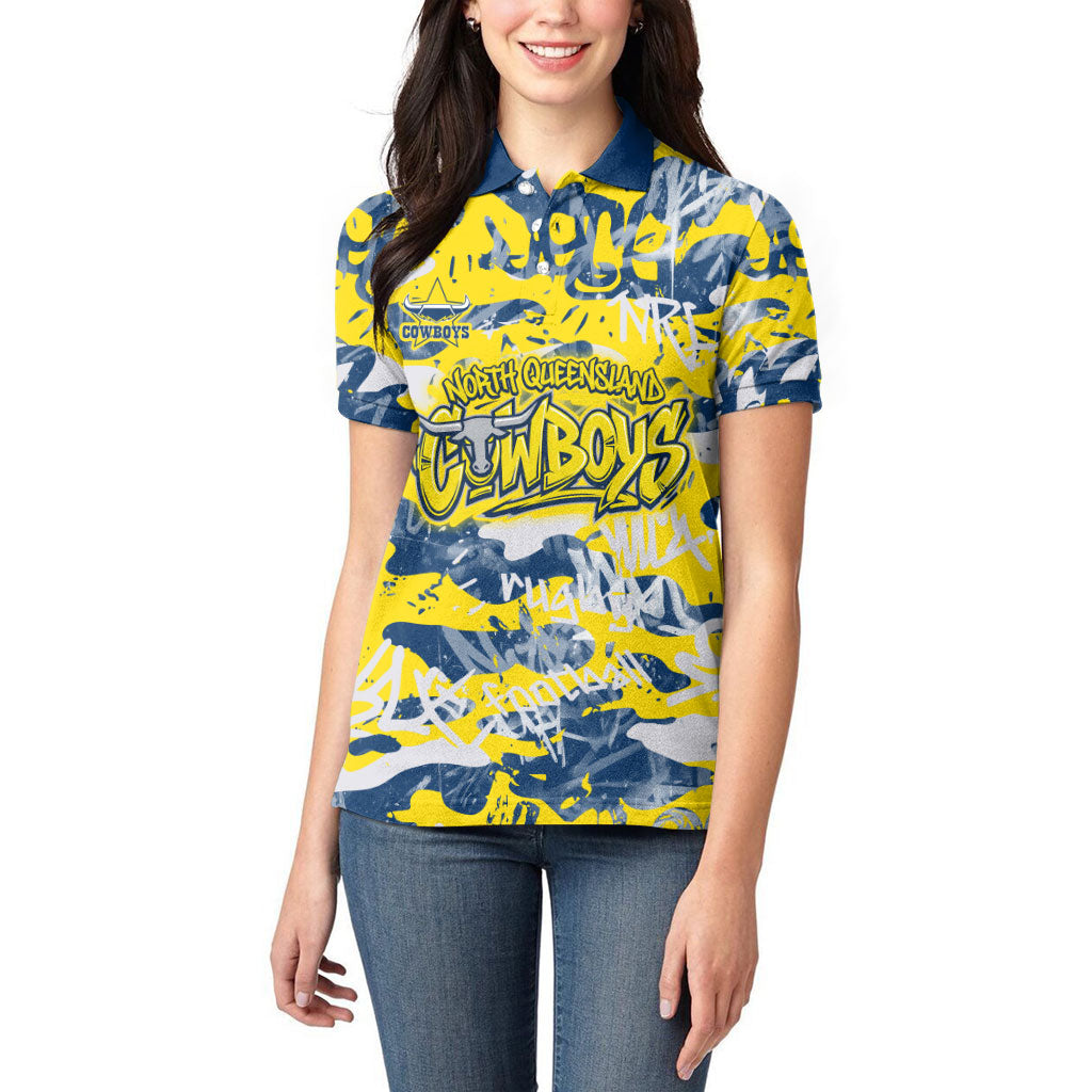 North Queensland Cowboys Rugby Women Polo Shirt Graffiti Typography Urban Camo Abstract Street Style