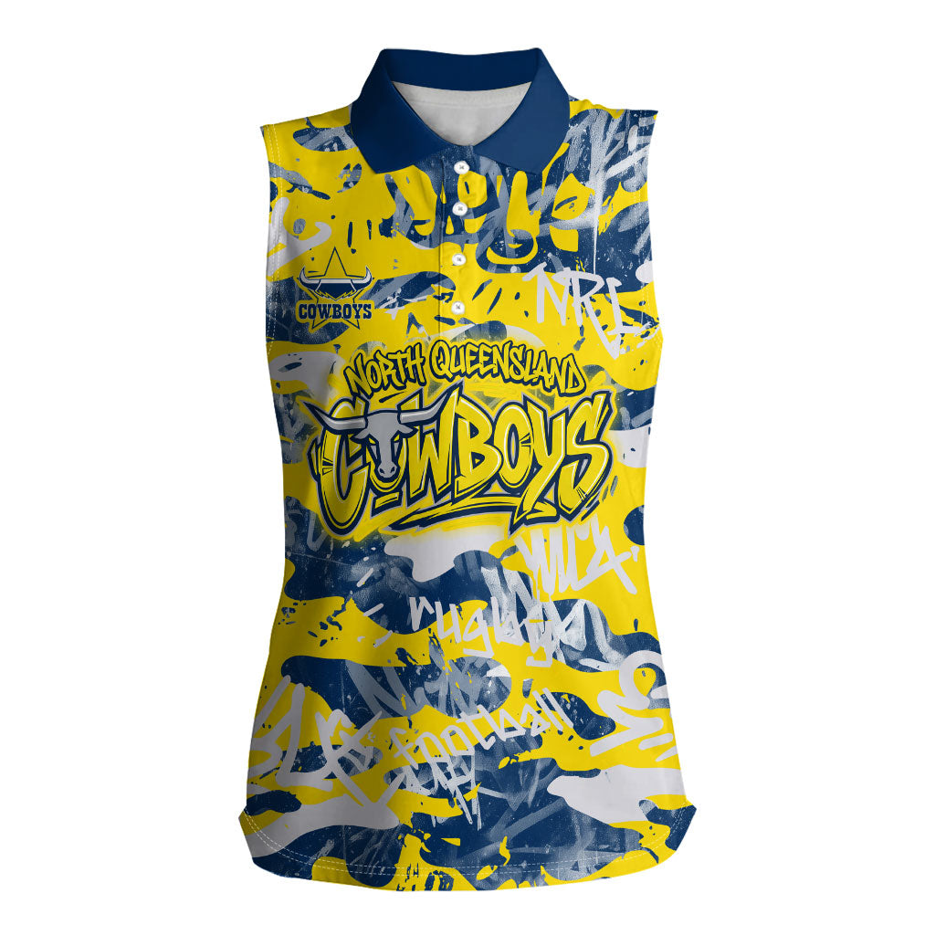 North Queensland Cowboys Rugby Women Sleeveless Polo Shirt Graffiti Typography Urban Camo Abstract Street Style
