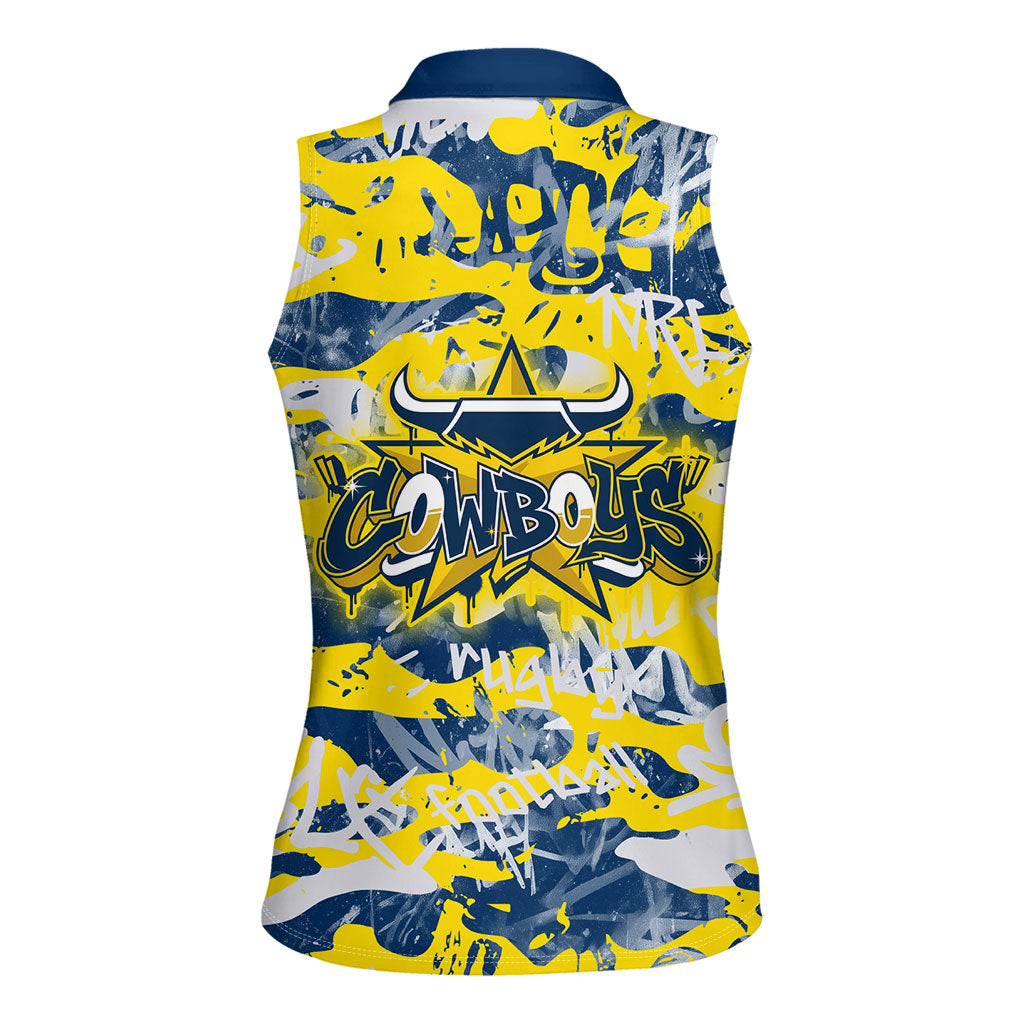 North Queensland Cowboys Rugby Women Sleeveless Polo Shirt Graffiti Typography Urban Camo Abstract Street Style