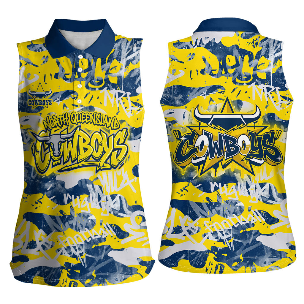 North Queensland Cowboys Rugby Women Sleeveless Polo Shirt Graffiti Typography Urban Camo Abstract Street Style