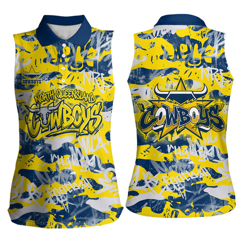 North Queensland Cowboys Rugby Women Sleeveless Polo Shirt Graffiti Typography Urban Camo Abstract Street Style