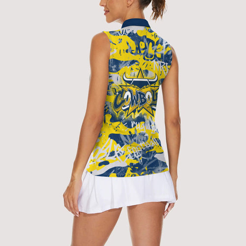 North Queensland Cowboys Rugby Women Sleeveless Polo Shirt Graffiti Typography Urban Camo Abstract Street Style