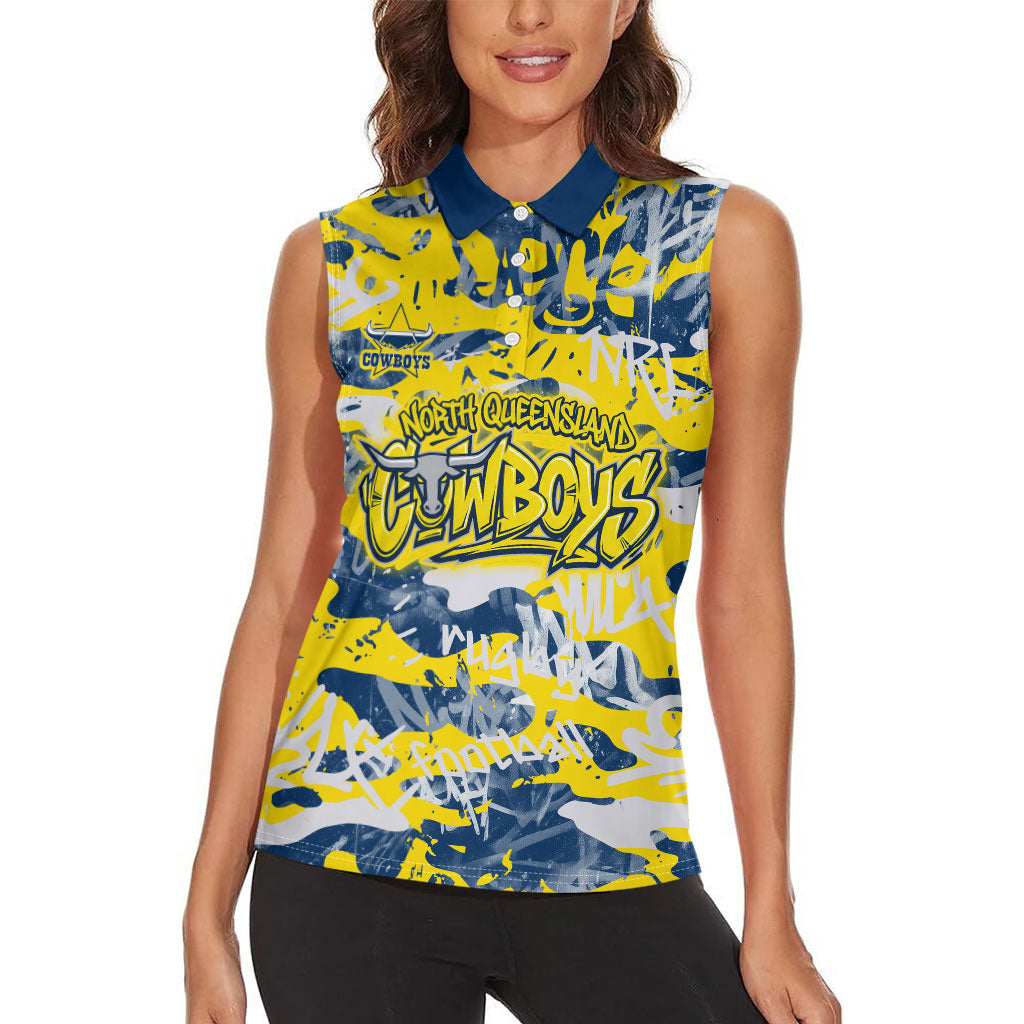 North Queensland Cowboys Rugby Women Sleeveless Polo Shirt Graffiti Typography Urban Camo Abstract Street Style