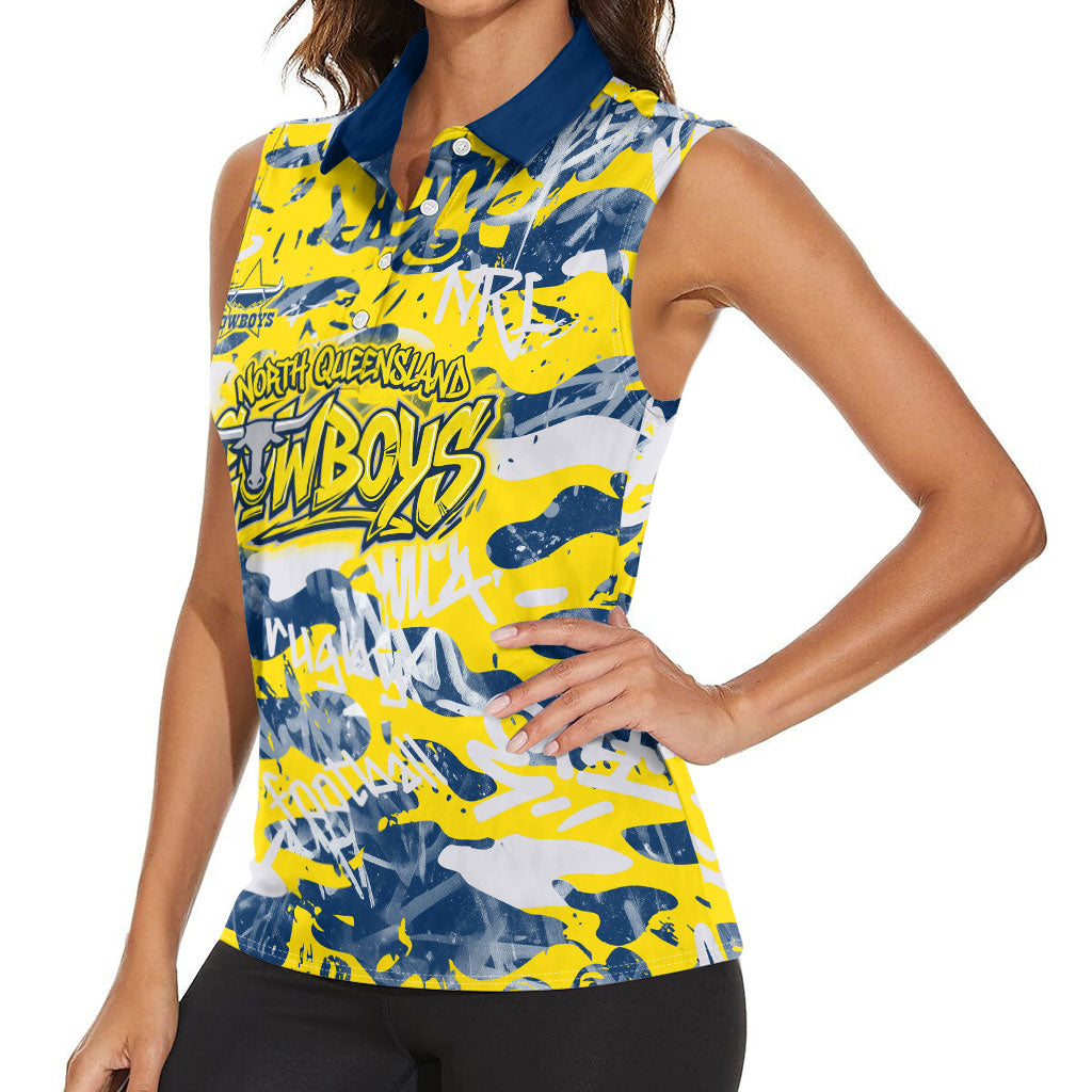 North Queensland Cowboys Rugby Women Sleeveless Polo Shirt Graffiti Typography Urban Camo Abstract Street Style