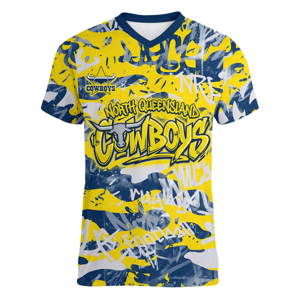 North Queensland Cowboys Rugby Women V-Neck T-Shirt Graffiti Typography Urban Camo Abstract Street Style