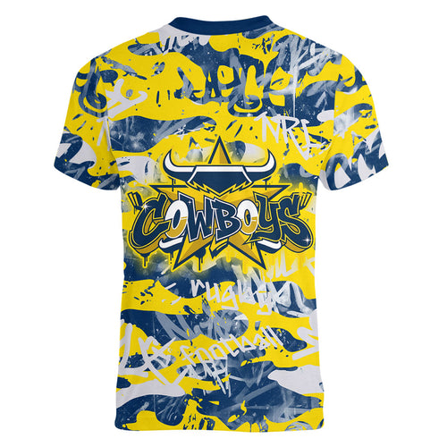 North Queensland Cowboys Rugby Women V-Neck T-Shirt Graffiti Typography Urban Camo Abstract Street Style