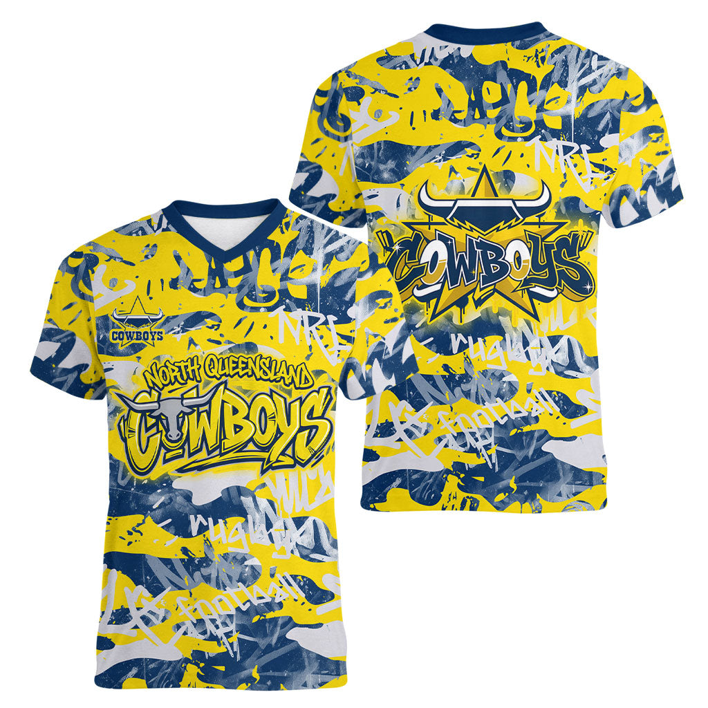 North Queensland Cowboys Rugby Women V-Neck T-Shirt Graffiti Typography Urban Camo Abstract Street Style