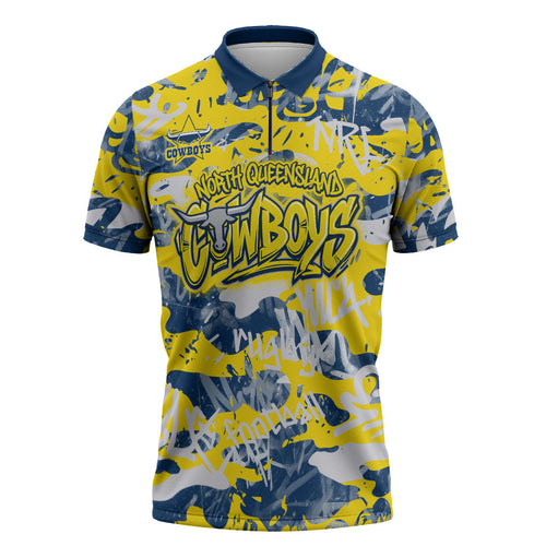 North Queensland Cowboys Rugby Zipper Polo Shirt Graffiti Typography Urban Camo Abstract Street Style