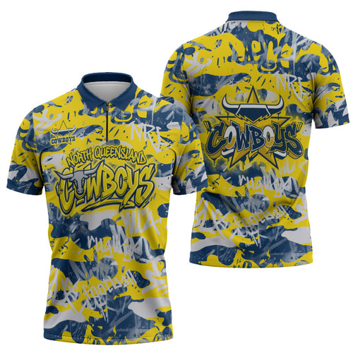 North Queensland Cowboys Rugby Zipper Polo Shirt Graffiti Typography Urban Camo Abstract Street Style