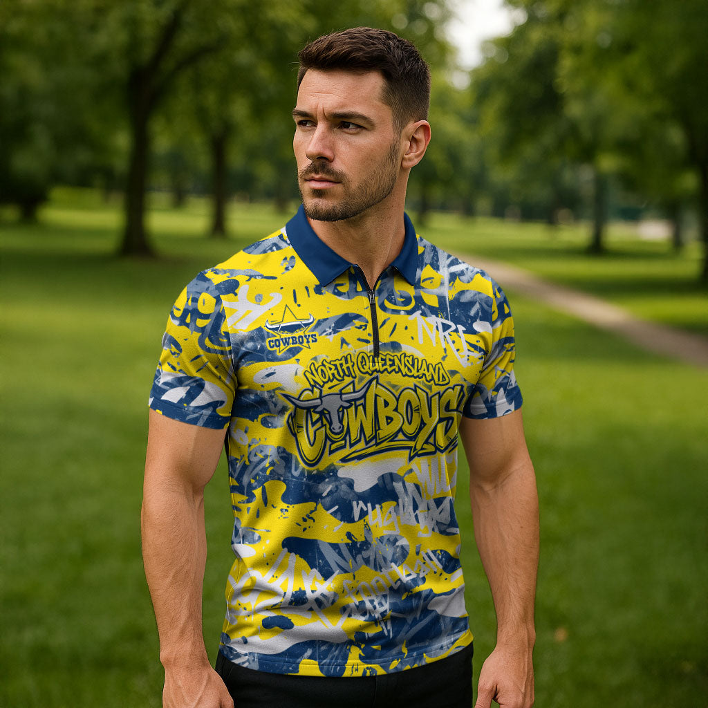 North Queensland Cowboys Rugby Zipper Polo Shirt Graffiti Typography Urban Camo Abstract Street Style