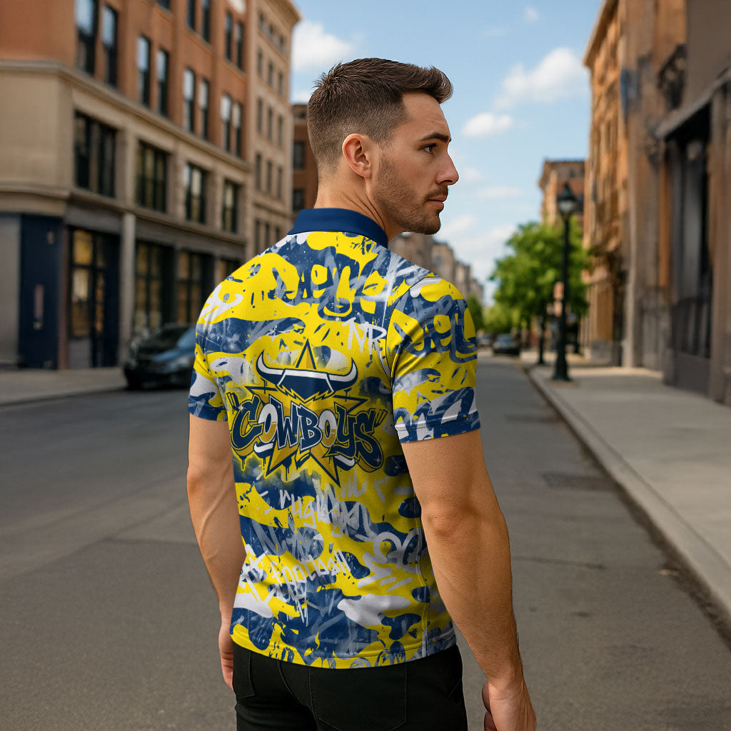 North Queensland Cowboys Rugby Zipper Polo Shirt Graffiti Typography Urban Camo Abstract Street Style