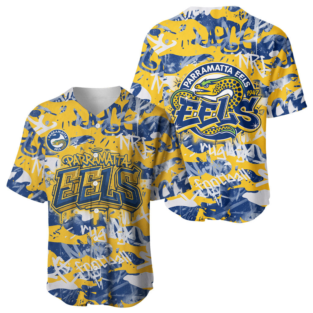 Parramatta Eels Rugby Baseball Jersey Graffiti Typography Urban Camo Abstract Street Style