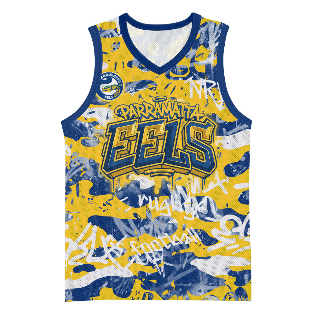 Parramatta Eels Rugby Basketball Jersey Graffiti Typography Urban Camo Abstract Street Style