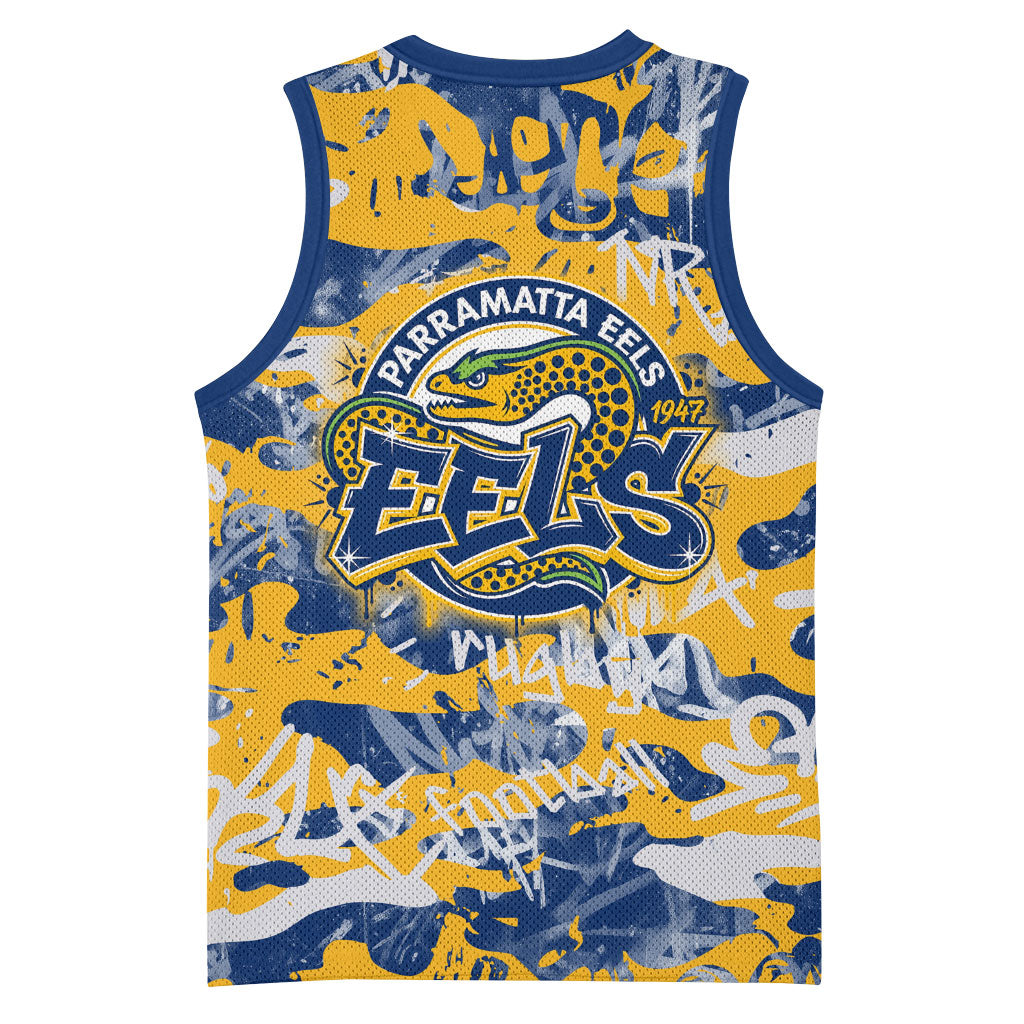 Parramatta Eels Rugby Basketball Jersey Graffiti Typography Urban Camo Abstract Street Style