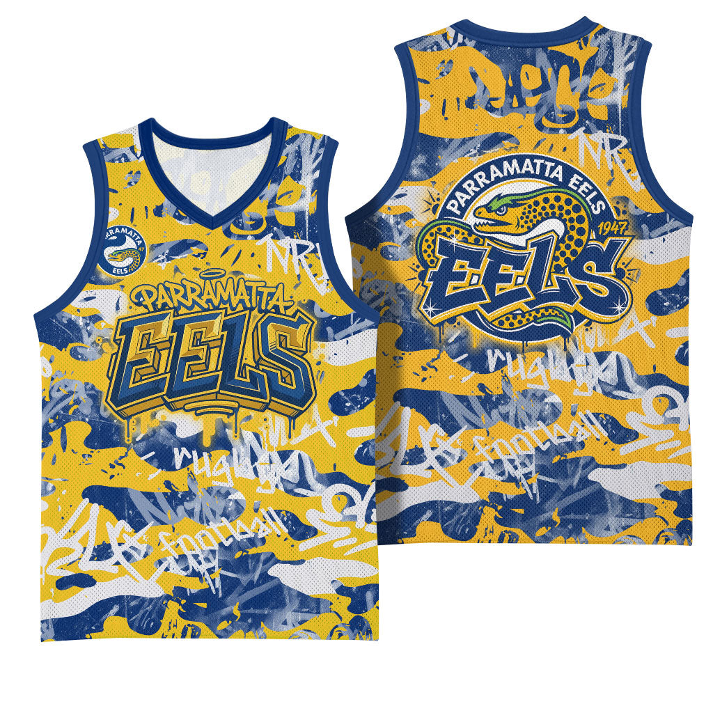 Parramatta Eels Rugby Basketball Jersey Graffiti Typography Urban Camo Abstract Street Style