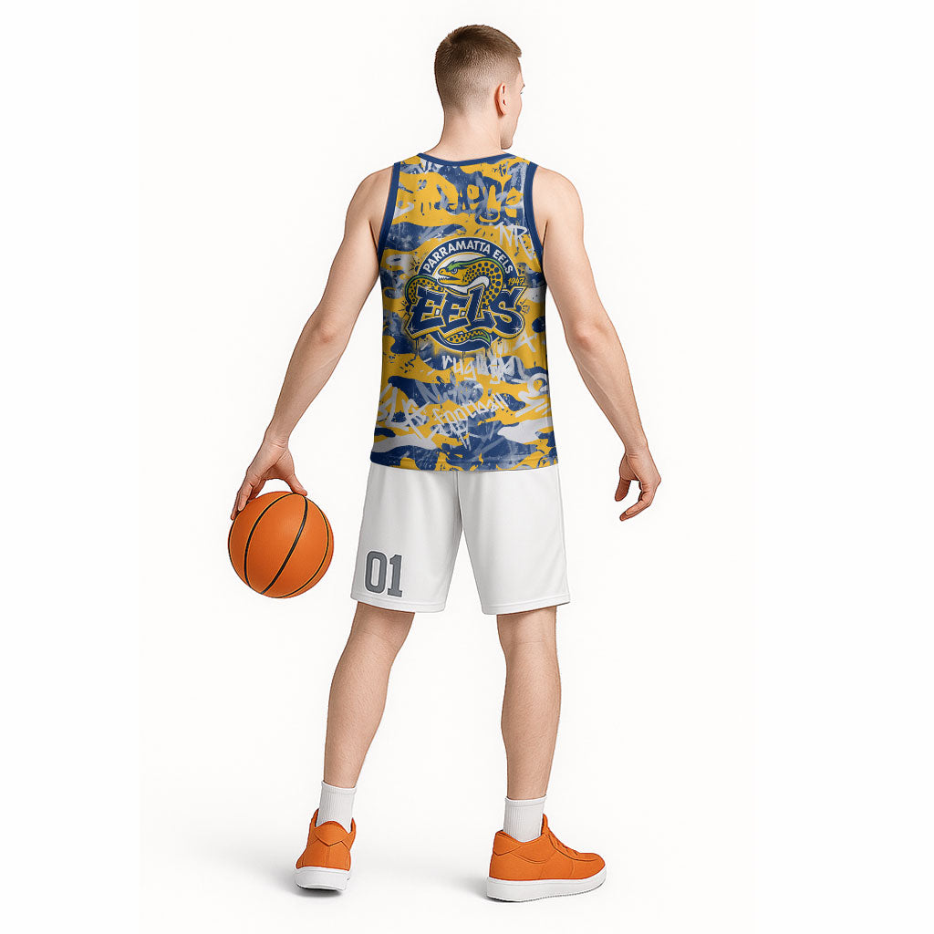 Parramatta Eels Rugby Basketball Jersey Graffiti Typography Urban Camo Abstract Street Style