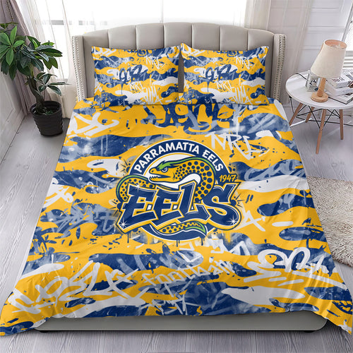 Parramatta Eels Rugby Bedding Set Graffiti Typography Urban Camo Abstract Street Style