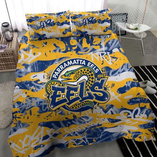 Parramatta Eels Rugby Bedding Set Graffiti Typography Urban Camo Abstract Street Style