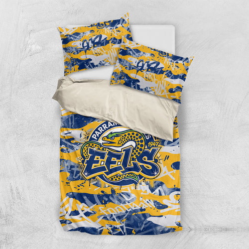 Parramatta Eels Rugby Bedding Set Graffiti Typography Urban Camo Abstract Street Style