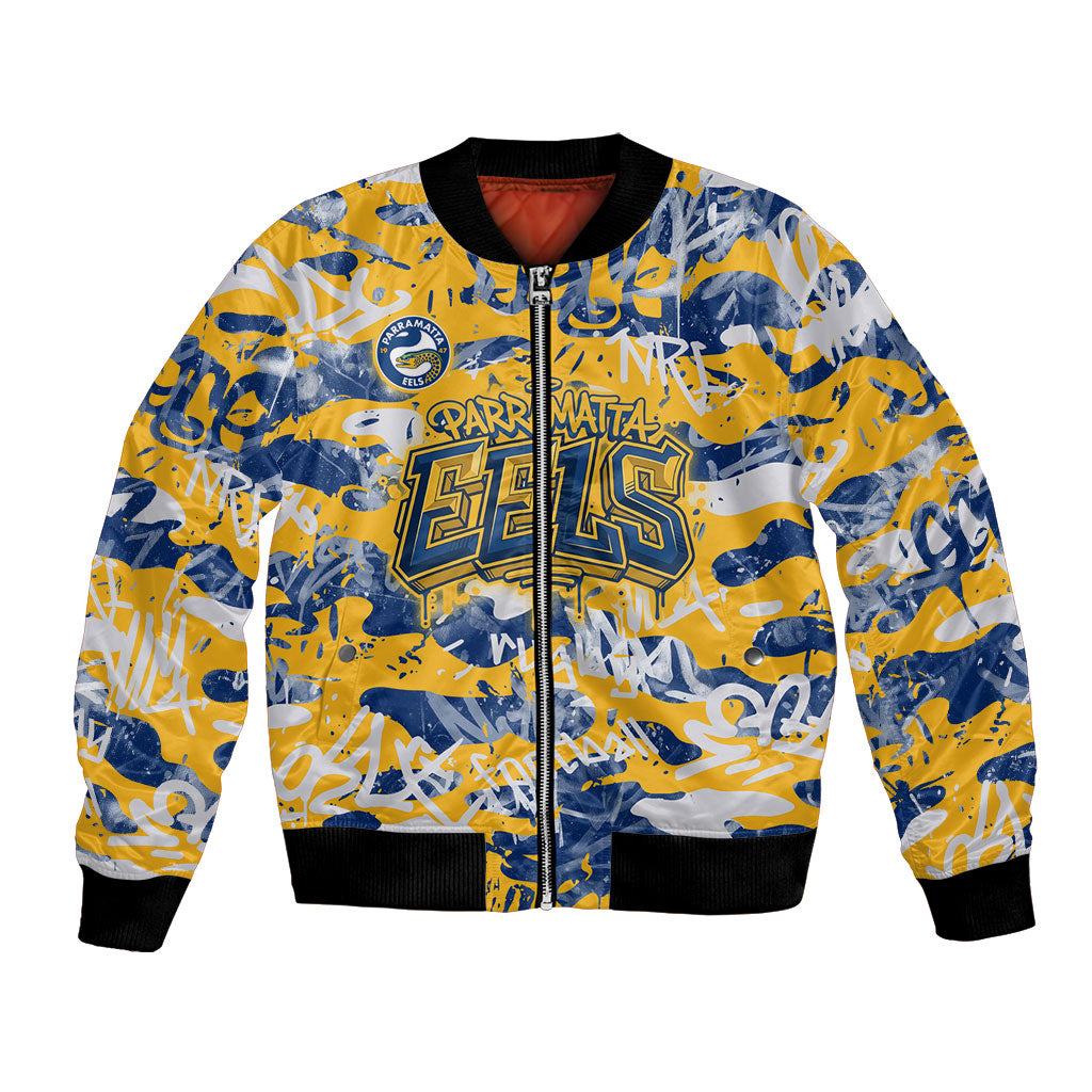 Parramatta Eels Rugby Bomber Jacket Graffiti Typography Urban Camo Abstract Street Style