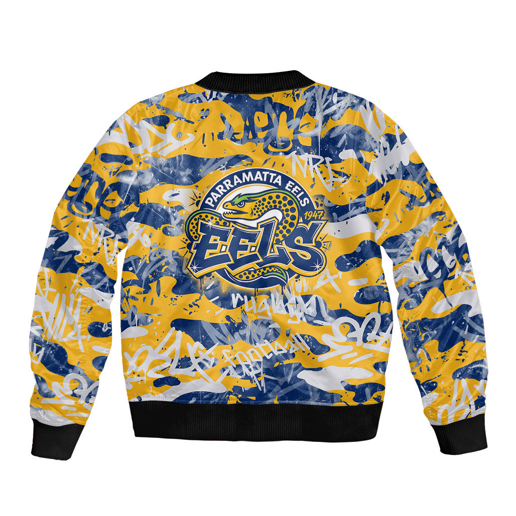 Parramatta Eels Rugby Bomber Jacket Graffiti Typography Urban Camo Abstract Street Style