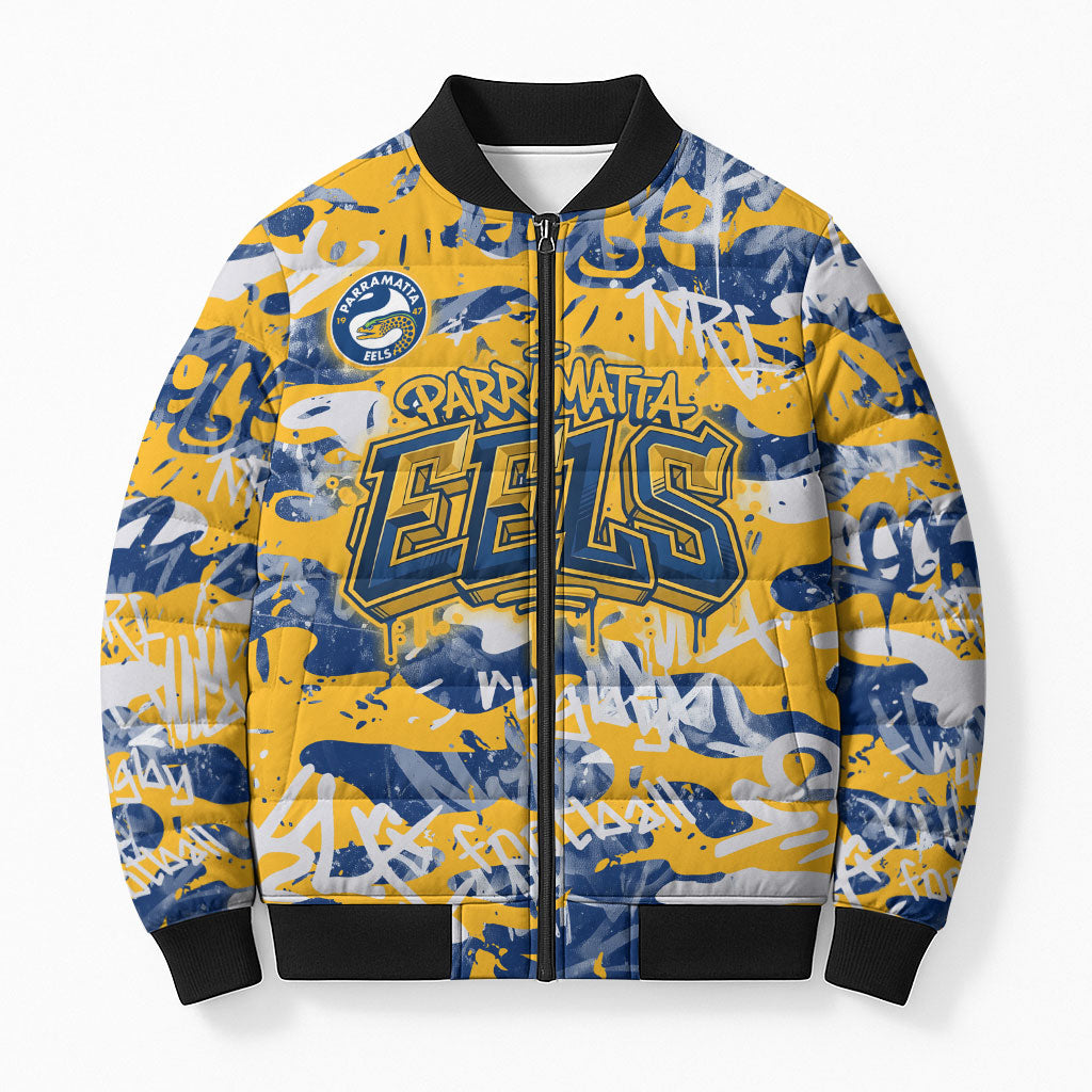 Parramatta Eels Rugby Bomber Puffer Jacket Graffiti Typography Urban Camo Abstract Street Style