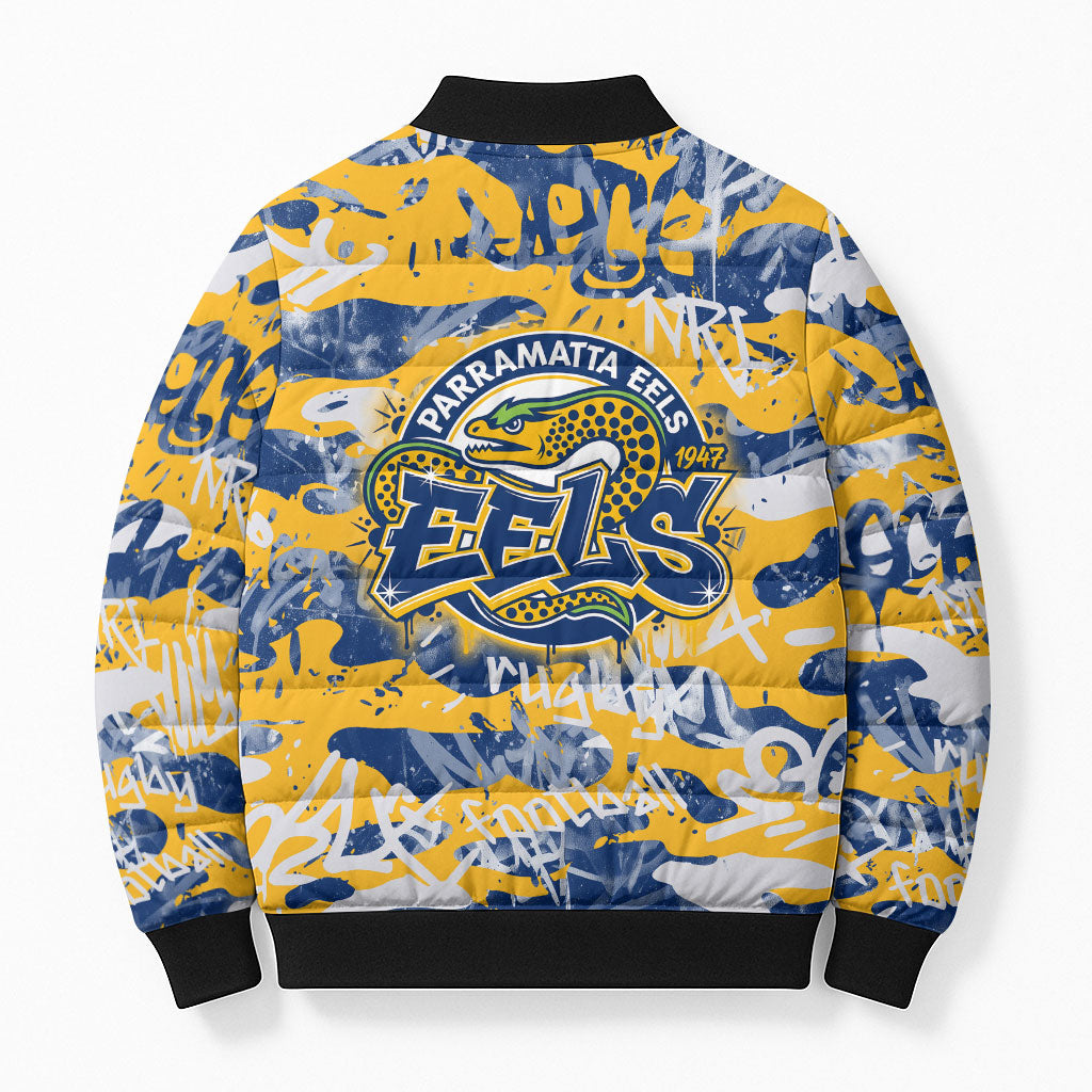 Parramatta Eels Rugby Bomber Puffer Jacket Graffiti Typography Urban Camo Abstract Street Style