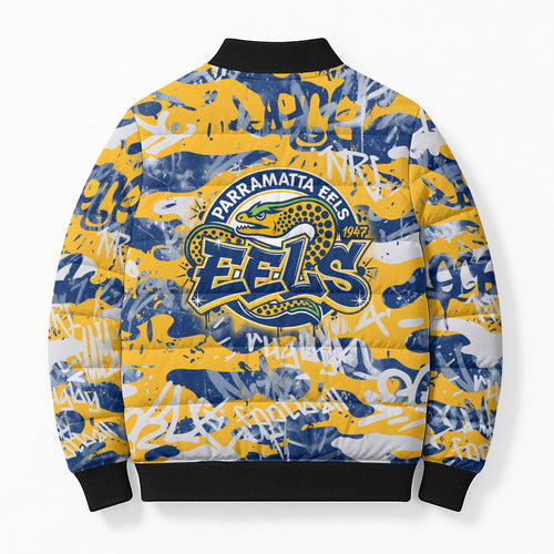 Parramatta Eels Rugby Bomber Puffer Jacket Graffiti Typography Urban Camo Abstract Street Style