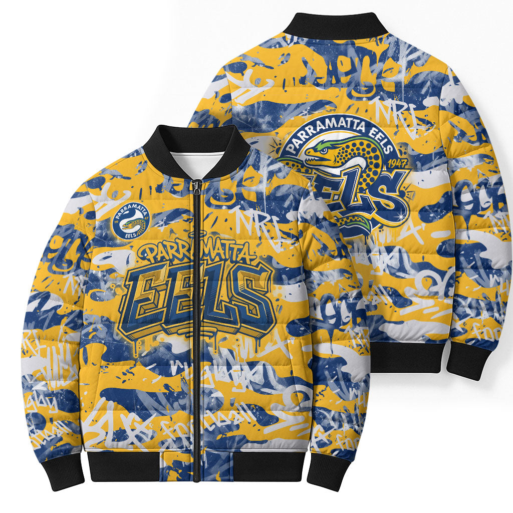 Parramatta Eels Rugby Bomber Puffer Jacket Graffiti Typography Urban Camo Abstract Street Style