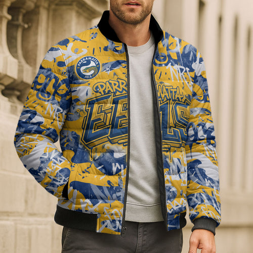 Parramatta Eels Rugby Bomber Puffer Jacket Graffiti Typography Urban Camo Abstract Street Style