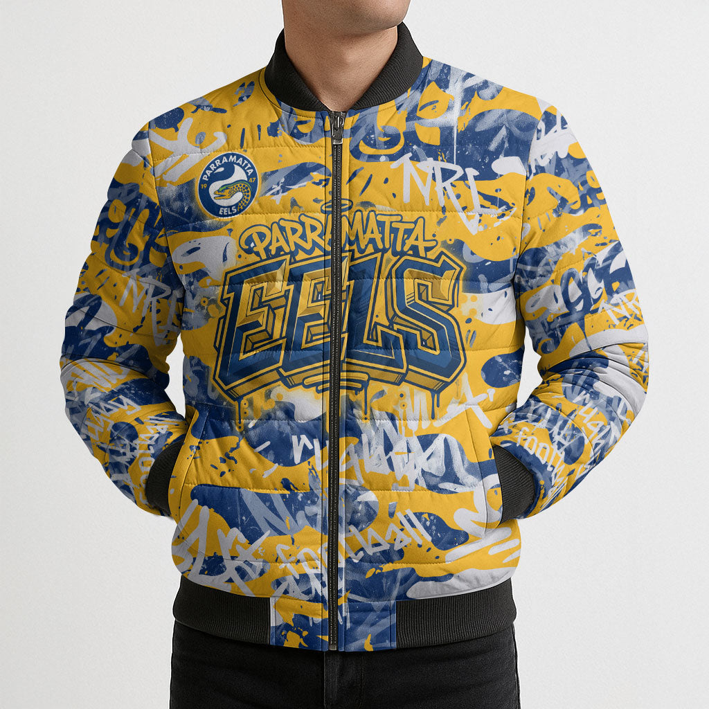 Parramatta Eels Rugby Bomber Puffer Jacket Graffiti Typography Urban Camo Abstract Street Style