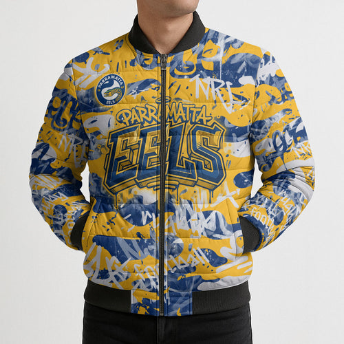 Parramatta Eels Rugby Bomber Puffer Jacket Graffiti Typography Urban Camo Abstract Street Style