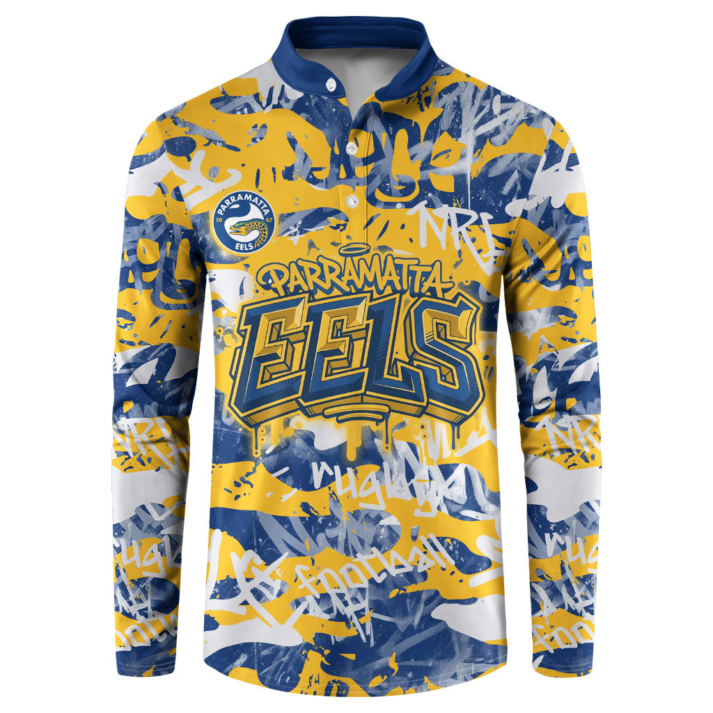 Parramatta Eels Rugby Button Sweatshirt Graffiti Typography Urban Camo Abstract Street Style