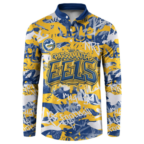 Parramatta Eels Rugby Button Sweatshirt Graffiti Typography Urban Camo Abstract Street Style