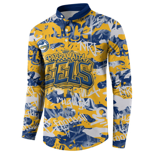 Parramatta Eels Rugby Button Sweatshirt Graffiti Typography Urban Camo Abstract Street Style