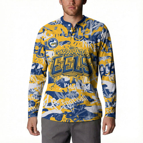 Parramatta Eels Rugby Button Sweatshirt Graffiti Typography Urban Camo Abstract Street Style