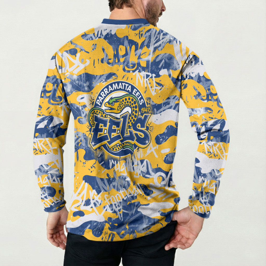 Parramatta Eels Rugby Button Sweatshirt Graffiti Typography Urban Camo Abstract Street Style