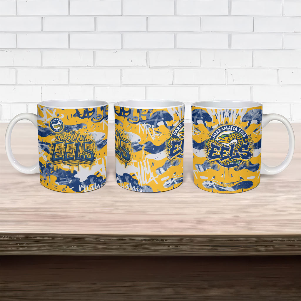 Parramatta Eels Rugby Ceramic Mug Graffiti Typography Urban Camo Abstract Street Style