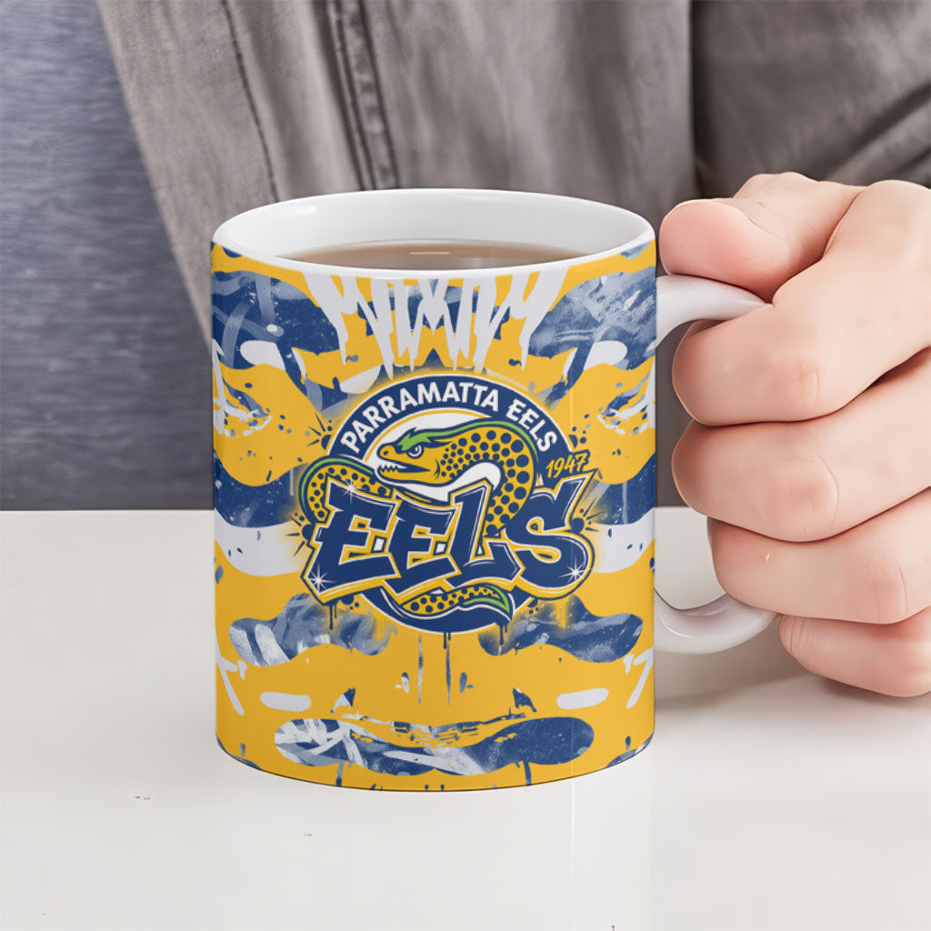 Parramatta Eels Rugby Ceramic Mug Graffiti Typography Urban Camo Abstract Street Style