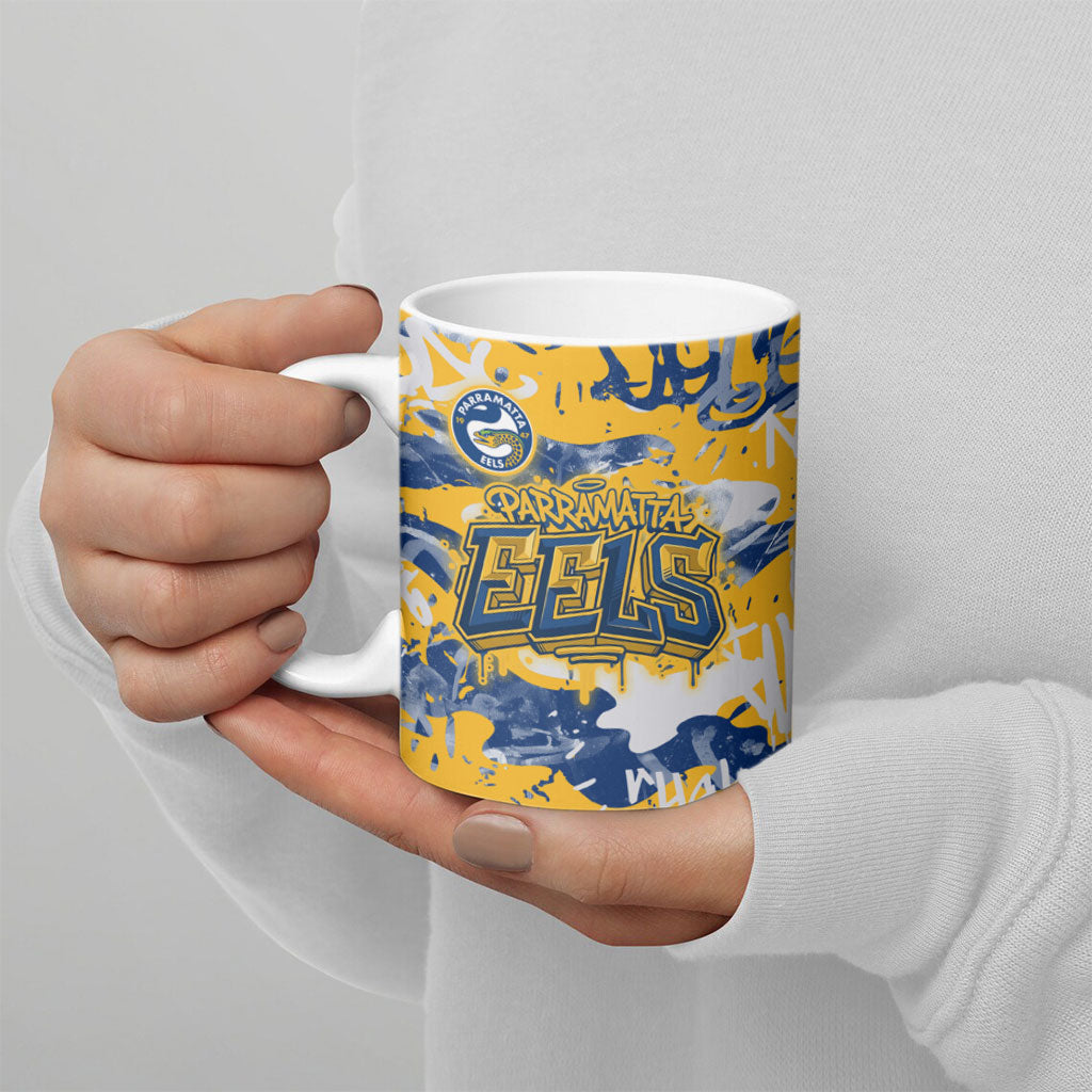 Parramatta Eels Rugby Ceramic Mug Graffiti Typography Urban Camo Abstract Street Style