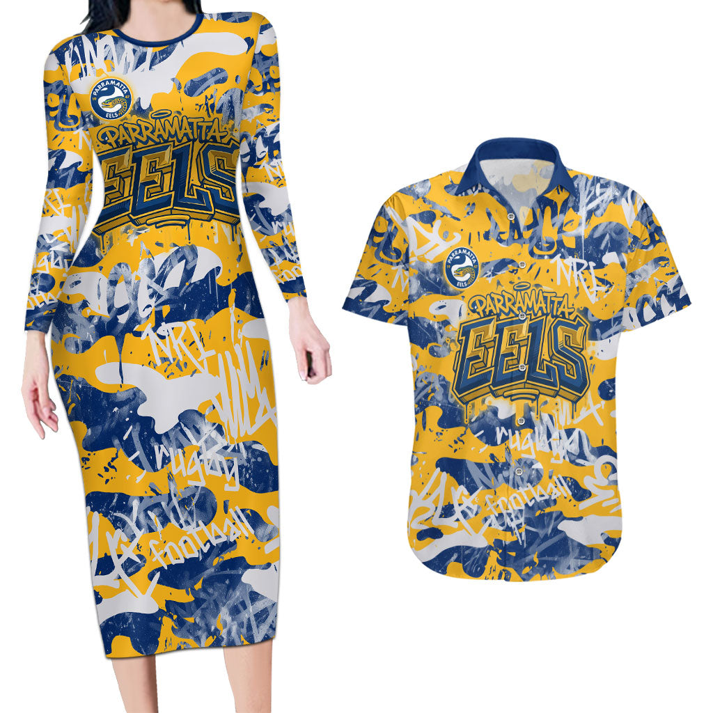 Parramatta Eels Rugby Couples Matching Long Sleeve Bodycon Dress and Hawaiian Shirt Graffiti Typography Urban Camo Abstract Street Style