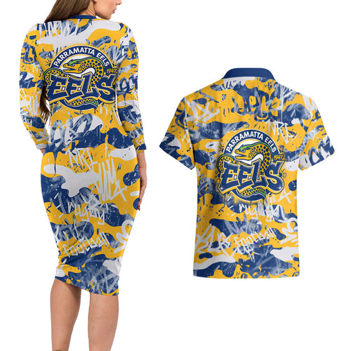 Parramatta Eels Rugby Couples Matching Long Sleeve Bodycon Dress and Hawaiian Shirt Graffiti Typography Urban Camo Abstract Street Style