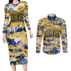 Parramatta Eels Rugby Couples Matching Long Sleeve Bodycon Dress and Long Sleeve Button Shirt Graffiti Typography Urban Camo Abstract Street Style