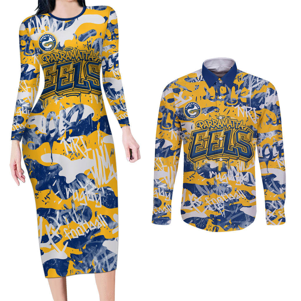 Parramatta Eels Rugby Couples Matching Long Sleeve Bodycon Dress and Long Sleeve Button Shirt Graffiti Typography Urban Camo Abstract Street Style