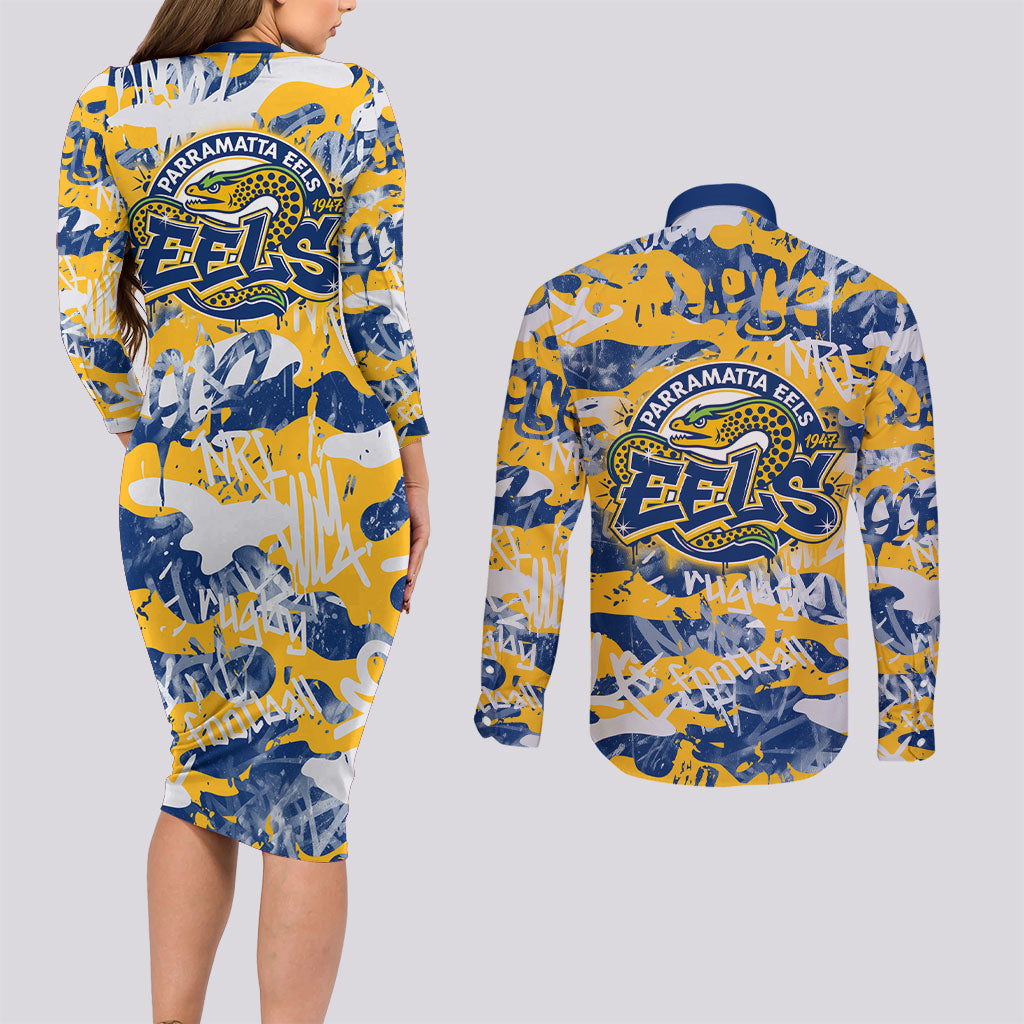 Parramatta Eels Rugby Couples Matching Long Sleeve Bodycon Dress and Long Sleeve Button Shirt Graffiti Typography Urban Camo Abstract Street Style