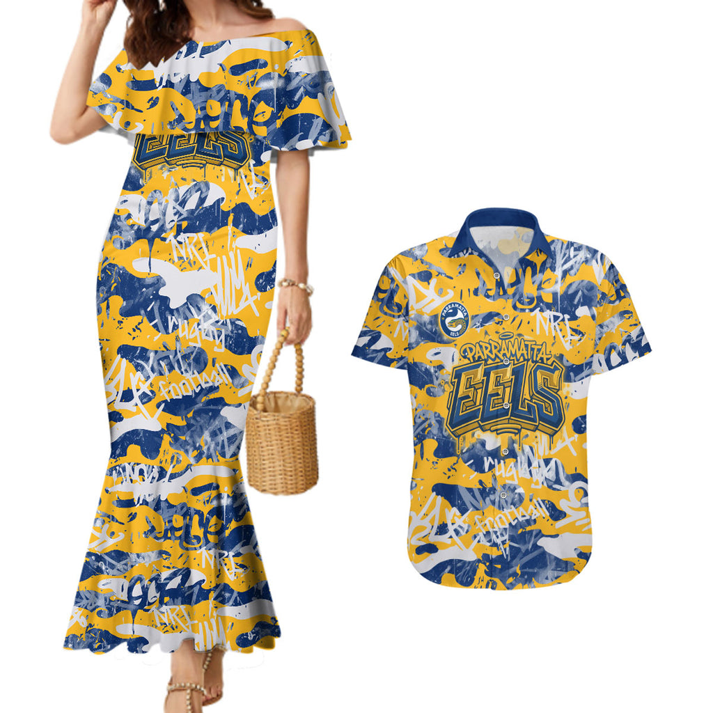 Parramatta Eels Rugby Couples Matching Mermaid Dress and Hawaiian Shirt Graffiti Typography Urban Camo Abstract Street Style