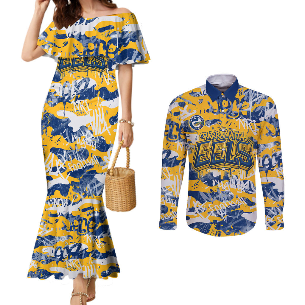 Parramatta Eels Rugby Couples Matching Mermaid Dress and Long Sleeve Button Shirt Graffiti Typography Urban Camo Abstract Street Style