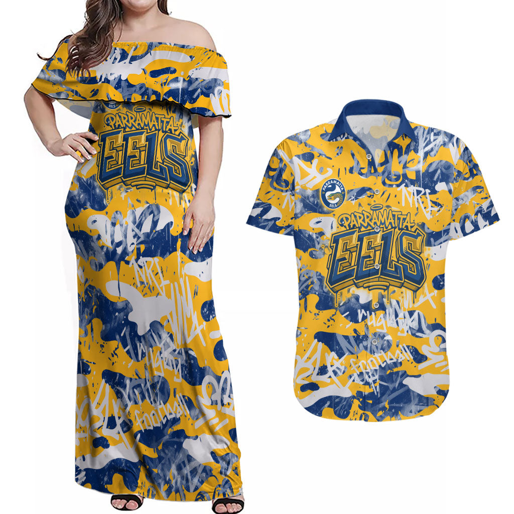 Parramatta Eels Rugby Couples Matching Off Shoulder Maxi Dress and Hawaiian Shirt Graffiti Typography Urban Camo Abstract Street Style