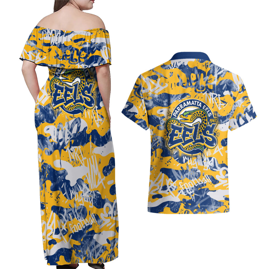 Parramatta Eels Rugby Couples Matching Off Shoulder Maxi Dress and Hawaiian Shirt Graffiti Typography Urban Camo Abstract Street Style