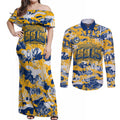 Parramatta Eels Rugby Couples Matching Off Shoulder Maxi Dress and Long Sleeve Button Shirt Graffiti Typography Urban Camo Abstract Street Style
